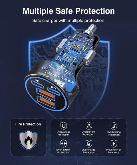 Detailed view of Two Pack 90W USB C Car Charger With Four Independent Power Ports Blazing Fast Cigarette Lighter Adapter, showcasing internal circuits.