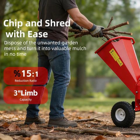 Heavy Duty Wood Chipper Shredder Mulcher With 7HP 212cc Gas Power, turning branches into mulch, manual operation shown