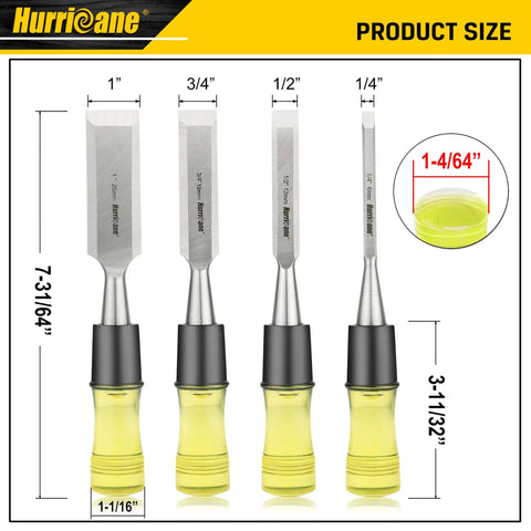 4 Piece Wood Chisel Set for Woodworking with CR-V Steel Beveled Edge Blades, Safety Caps, and Durable PVC High Impact Handle