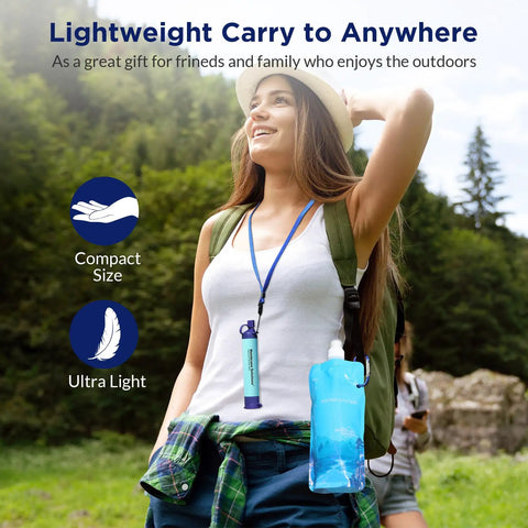 Woman outdoors with Grab And Go Squeezable Water Filtration System, collapsible bottle and filter straw around neck.