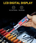 Person using 3 To 65V Backlit Digital LCD Circuit Tester Test Light With 140 Inch Extended Wire For Cars And Trucks Beast Of A Low Voltage Electrical Tester With Stainless Probe For Polarity Fuses Headlights Taillights on a car fuse box.