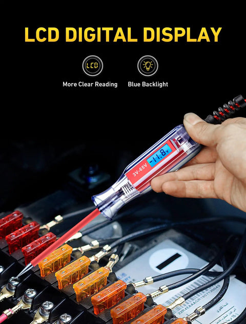 Person using 3 To 65V Backlit Digital LCD Circuit Tester Test Light With 140 Inch Extended Wire For Cars And Trucks Beast Of A Low Voltage Electrical Tester With Stainless Probe For Polarity Fuses Headlights Taillights on a car fuse box.