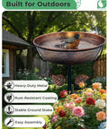 Metal Bird Bath For Outdoors 36 Inch Tall Stake With Removable 13 Inch Diameter Bowl And 3 Inch Deep Basin 1.4 Gallon Capacity
