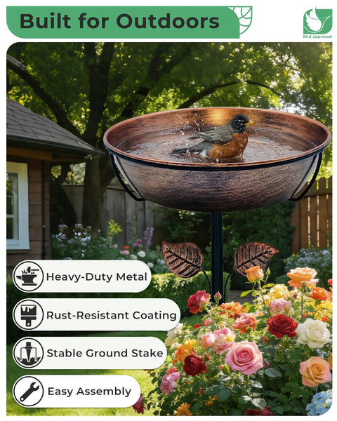 Metal Bird Bath For Outdoors 36 Inch Tall Stake With Removable 13 Inch Diameter Bowl And 3 Inch Deep Basin 1.4 Gallon Capacity