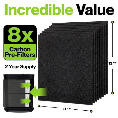 8 Pack Activated Carbon Replacement Prefilters For Honeywell HPA200 Air Purifier shown with size dimensions and filter details