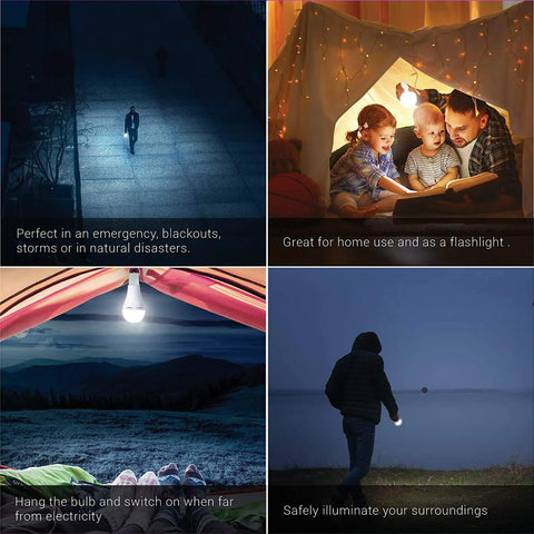 Rechargeable LED Bulbs 9W Daylight White 6000K Multi-Function Battery Backup Emergency Light For Power Outages And Off Grid Camping Outdoor Activities E26 Screw Base Pack Of Five, showing various uses in emergencies, home, and camping.