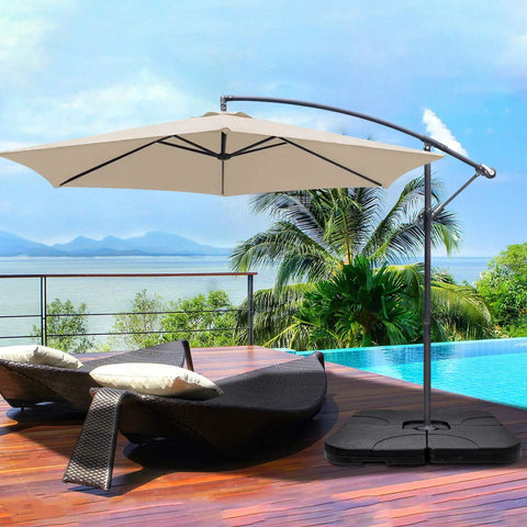 Heavy Duty Cantilever Offset Patio Market Stand With Four Interlocking U Locking Shape Weight Plates And Water Filled Umbrella Square Base