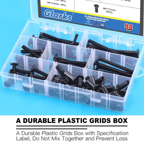 85 Piece Must Have M6 Hex Socket Cap Bolts Kit with labeled compartments in a durable plastic box, screws visible, blue background.