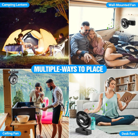 Must Have All In One Camping Fan With LED Lantern And Aroma Diffuser 40 Hour Rechargeable Battery Hanging Hook in various settings.