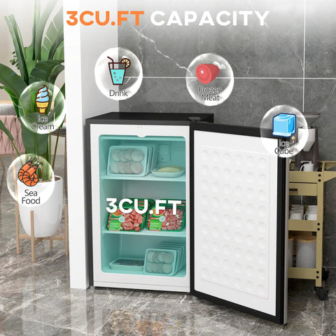 Solid 3 Cubic Foot Compact Upright Freezer With No Fuss Controls And Reversible Door Plays Nice In Tight Apartments Or Busy Kitchens While Keeping Your Frozen Stash Ice Cold In Bright Silver with 3 cu ft capacity showcasing ice cream, drinks, and frozen meat.