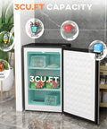 Compact Upright Freezer With 3 Cu Ft Capacity And Reversible Silver Door Featuring Easy Turn Thermostat For Small Kitchens Apartments And Dorm Rooms, showcasing frozen food and drinks.