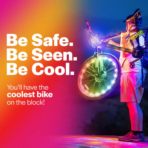 Person holding bike with RGB LED Bike Wheel Lights For Night Rides 1 Pack Lit Kid Safe Glow For Wheels And Spokes Fun Bike Accessory