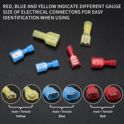 Premium 120 Piece Spade Connectors Kit With Nylon Fully Insulated Quick Disconnect Terminals 22 To 10 Gauge, red blue yellow