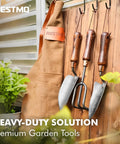 3-In-1 Heavy Duty Garden Tools Kit With Carbon Steel Trowel Transplanter And Cultivator, Ergonomic Wooden Handles hanging on wall