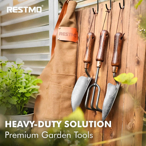 3-In-1 Heavy Duty Garden Tools Kit With Carbon Steel Trowel Transplanter And Cultivator, Ergonomic Wooden Handles hanging on wall