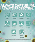 FLT4100 True HEPA Replacement Filter E infographic showing capture of dust, pollen, pet hair, lint, and other particles.