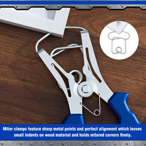 22 Piece Miter Spring Clamps Kit With Spring Loaded Pliers, 20 Clamps And Storage Ring For Woodworking, showing clamp detail