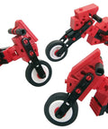 Pocket Money Bike Builder Kit Build 3 Motorcycle Models With 50 High Quality Parts For Chopper, Touring, And Sidecar Team German Made Construction Toy For STEM Learning, Creative Play, And Real Engine Feel. Three red plastic motorcycle models with sidecar on white background