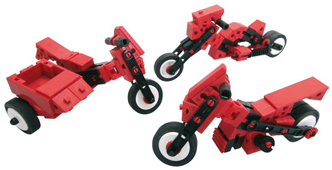 Pocket Money Bike Builder Kit Build 3 Motorcycle Models With 50 High Quality Parts For Chopper, Touring, And Sidecar Team German Made Construction Toy For STEM Learning, Creative Play, And Real Engine Feel. Three red plastic motorcycle models with sidecar on white background