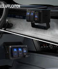 Built Tough 2 Gang Rocker Switch Panel With Waterproof LED Indicators And Dual PD Type C QC 3.0 USB Charging Ports Night Glow Labels mounted in vehicle dashboard.