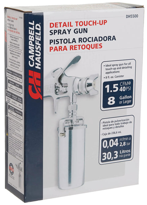 Box of Campbell Hausfeld Detail Touch-Up Spray Gun with product image and specifications on the front panel