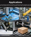 Applications of 4 Station Solenoid Valve Manifold for Pneumatic Systems in packaging, automated production, printing, and warehousing.