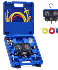 Three Way AC Manifold Gauge Set With Five Foot Hoses For R410A R32 R22 And R454B Refrigerants Includes Safety Valves Adapters Valve Core Wrench And High Accuracy 2.6 Inch Gauges For Pro Grade Diagnostics in blue case