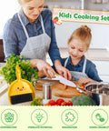 Toy kitchen knife set for kids; mother and daughter in denim aprons cutting food on a cutting board, yellow toy dustpan nearby