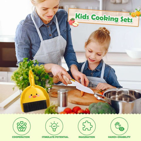 Toy kitchen knife set for kids; mother and daughter in denim aprons cutting food on a cutting board, yellow toy dustpan nearby