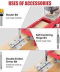 Uses of accessories for Premium Aluminum Door Hinge Jig And Lock Installation Template Kit, router bit and driver bits shown.