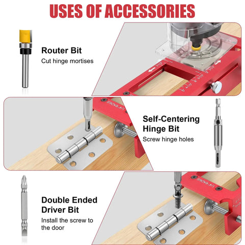 Uses of accessories for Premium Aluminum Door Hinge Jig And Lock Installation Template Kit, router bit and driver bits shown.