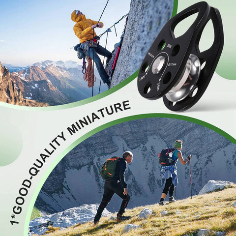 Zipline Speed Pulley 28KN Climbing Pulley for Rope Rescue Hauling and Backyard Zip Line Setup shown in outdoor climbing setup