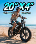 Rider on all-terrain electric bike for adults with 1500W peak motor, 48V 15Ah battery, 20 inch wheels on sandy beach.