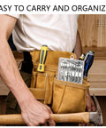 Person holding a tool belt with screwdrivers and Heavy Duty Metal Drywall Anchor Kit With Toggle Bolts And Wing Nuts In Three Sizes.