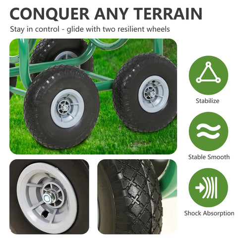 Close-up of durable wheels on Heavy Duty Garden Hose Reel Cart Holds Up To 300 Feet Of Hose, Tough Four Wheel System