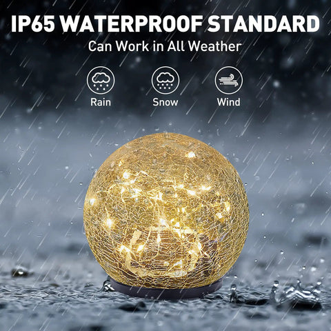 Cracked Glass Globe Solar Garden Lights Waterproof Warm White LED For Outdoor Decor glowing in rainy weather