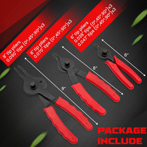 All Purpose Snap Ring Pliers Set For Automobiles, Lawn Mowers, And Farm Equipment, different sizes displayed on dark background