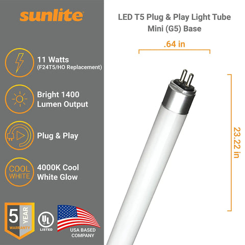 LED T5 Plug And Play Light Tube 2 Foot 11W 1400 Lumens Type A G5 Bi Pin Mini Base Dual End Connection Ballast Compatible Frosted UL Listed 5000K Daylight Pack Of 10 with mini G5 base and 4000K white glow label