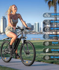 Power Packed 500W Peak Electric Bike For Adults With Up To 60 Mile Range Removable Battery 20 MPH Assist 7 Speed Gearing 26 Inch Tires Shock Absorber Slick Commuter E Bike, rider on city path