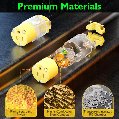 Lighted Extension Cord Ends Replacement Plug 15A 125V NEMA 5-15P To 5-15R Male And Female UL Listed Power Connector With Lit LED Indicator 3 Prong Yellow, exploded view