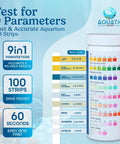 Nine In One Aquarium Water Test Kit With 100 Freshwater And Saltwater Test Strips Dialing Into PH Nitrate Nitrite And Chlorine Levels Along With Iron Copper And Alkalinity, display of test parameters.