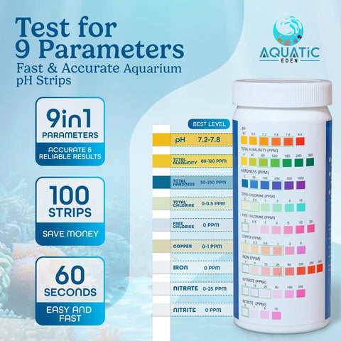 Nine In One Aquarium Water Test Kit With 100 Freshwater And Saltwater Test Strips Dialing Into PH Nitrate Nitrite And Chlorine Levels Along With Iron Copper And Alkalinity, display of test parameters.