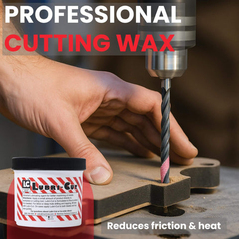 Person using drill with Beeswax Cutting Paste For Metal Drilling And Tapping 10 Oz Tub High Performance Drill Lubricant in foreground.