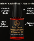 Bottle of food-grade knife lubricating and cleaning oil with black cap, labeled for safe kitchen use and rust prevention.
