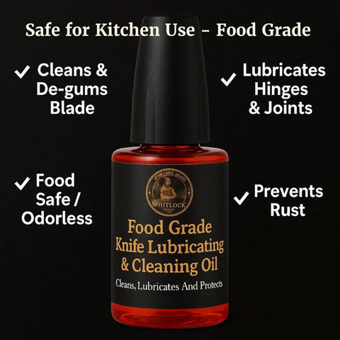 Bottle of food-grade knife lubricating and cleaning oil with black cap, labeled for safe kitchen use and rust prevention.