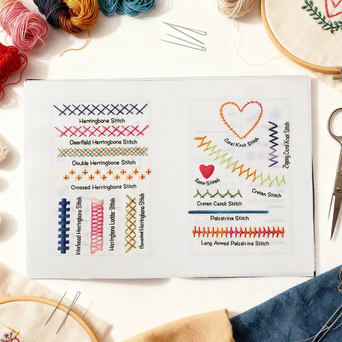 Embroidery Stitch Book Kit With 106 Patterns, Complete Toolkit And Step By Step Tutorial displayed on open page with colorful threads.