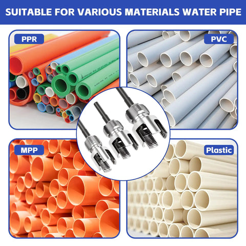 Four In One Water Pipe Wrench And Pipe Tapping Tool Set for various pipe materials shown in PPR, PVC, MPP, plastic variants