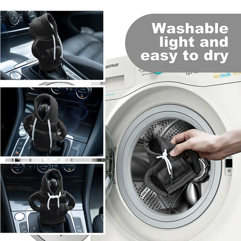 Gear Shift Hoodie For Cars, Velvet Car Shift Knob Cover shown on shifters and being machine-washed, mini shifter hoodie, soft durable car accessory
