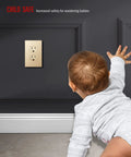 Child near wall with Elite Series Tamper Resistant Duplex Outlet With Screwless Wall Plate And Grounding Residential Grade 15A 125V Receptacle UL Listed Gold Finish.