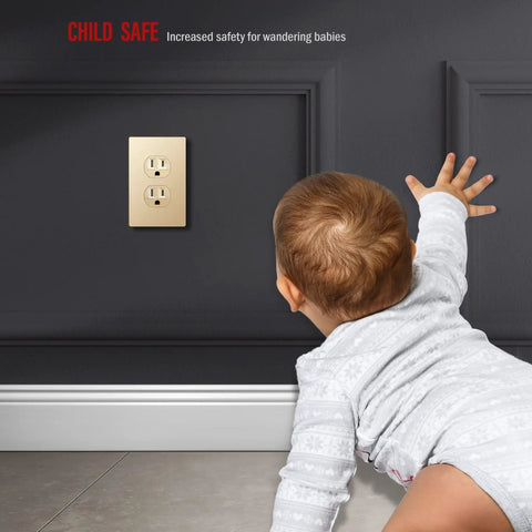 Child near wall with Elite Series Tamper Resistant Duplex Outlet With Screwless Wall Plate And Grounding Residential Grade 15A 125V Receptacle UL Listed Gold Finish.